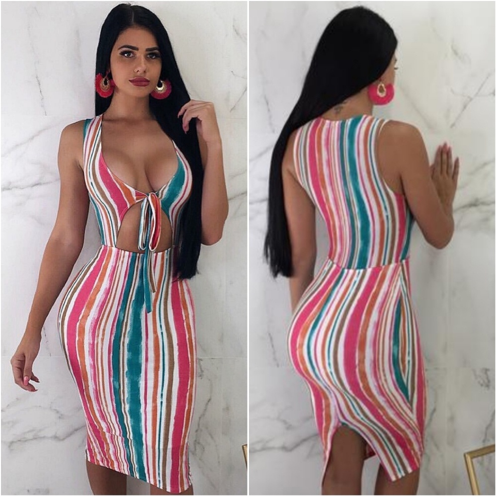 Goodtime | Pink Teal Striped Cutout Midi Dress